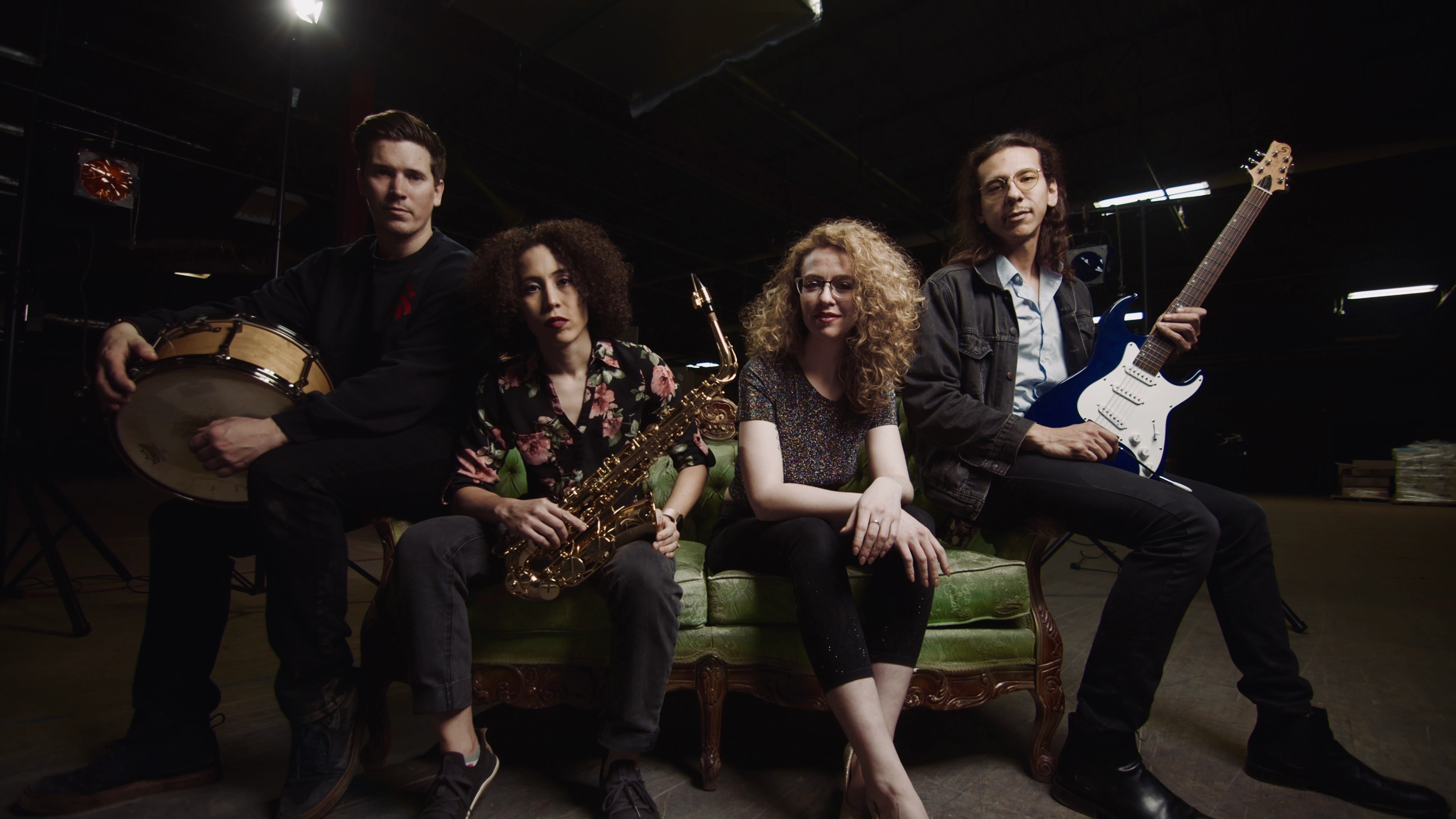 Tiny Pockets — green couch with instruments